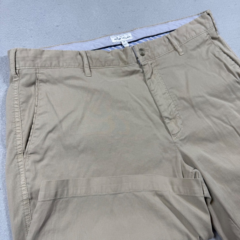 Peter Millar Mens Khaki Tan Flat Front Chino Shorts Cotton Blend Stretch 35